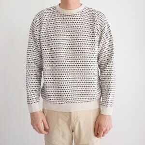 Vintage '90S Bill Blass White Navy 3D Eclectic Cotton Grandpa Crewneck Sweater L